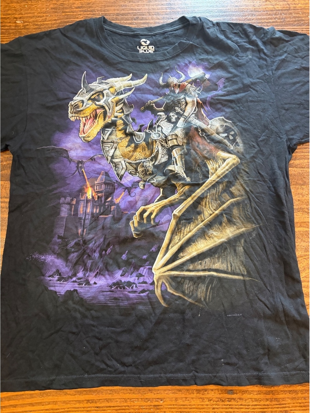Liquid Blue XL Black Graphic T-Shirt with Dragon and Warrior Print
